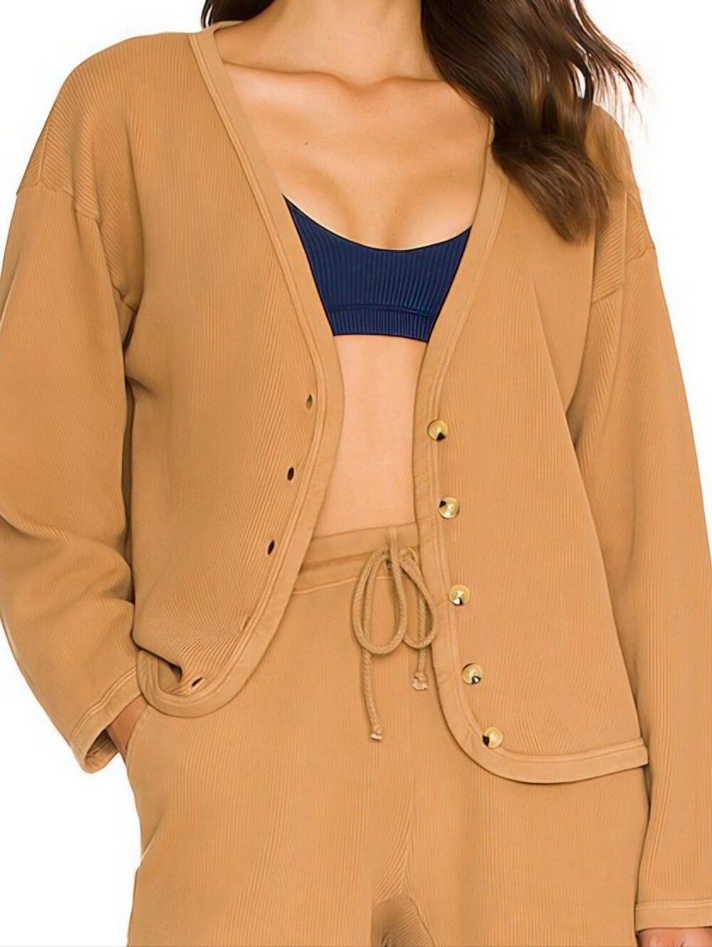 Donni. Revolve Camel Ribbed Cropped Cardigan V-Neck Tortoise Button Sweater Sz M